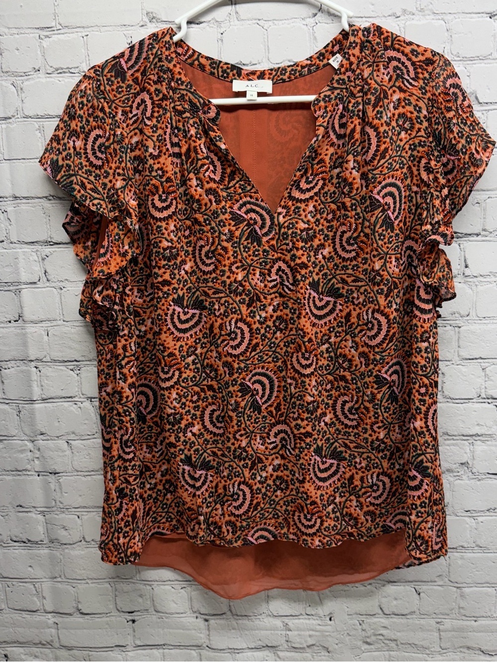 A.L.C. Silk Paisley V-Neck Flutter Sleeve Blouse size 14